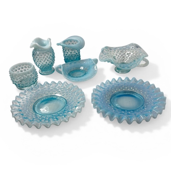 Fenton Other - VTG Fenton Blue Opalescent Hobnail 7 pc lot Trinket Candy Dishes Votive Bud Vase
